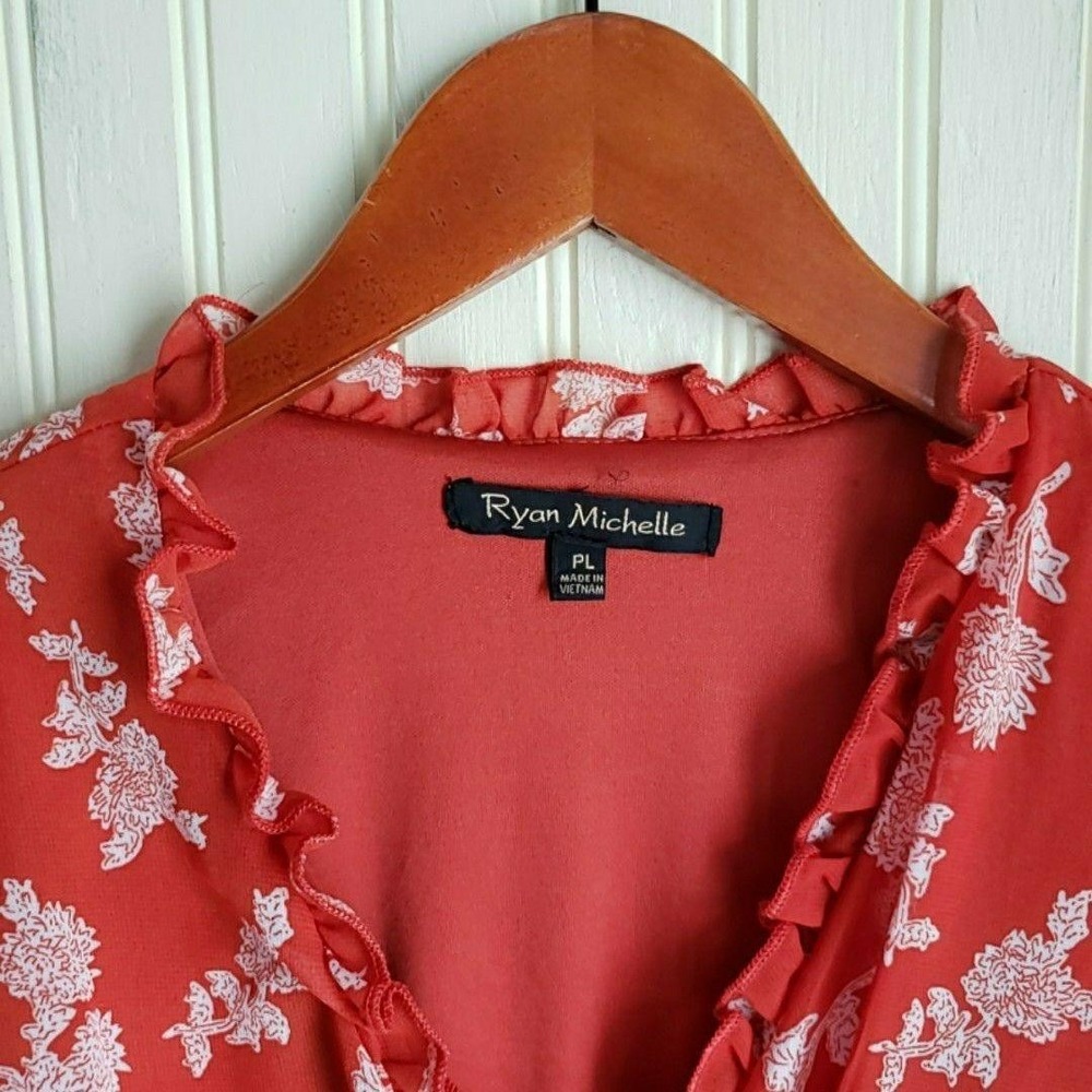 Ryan Michelle Dress Womens PL Orange Floral Short Sleeve V Neck Ruffle Sundress